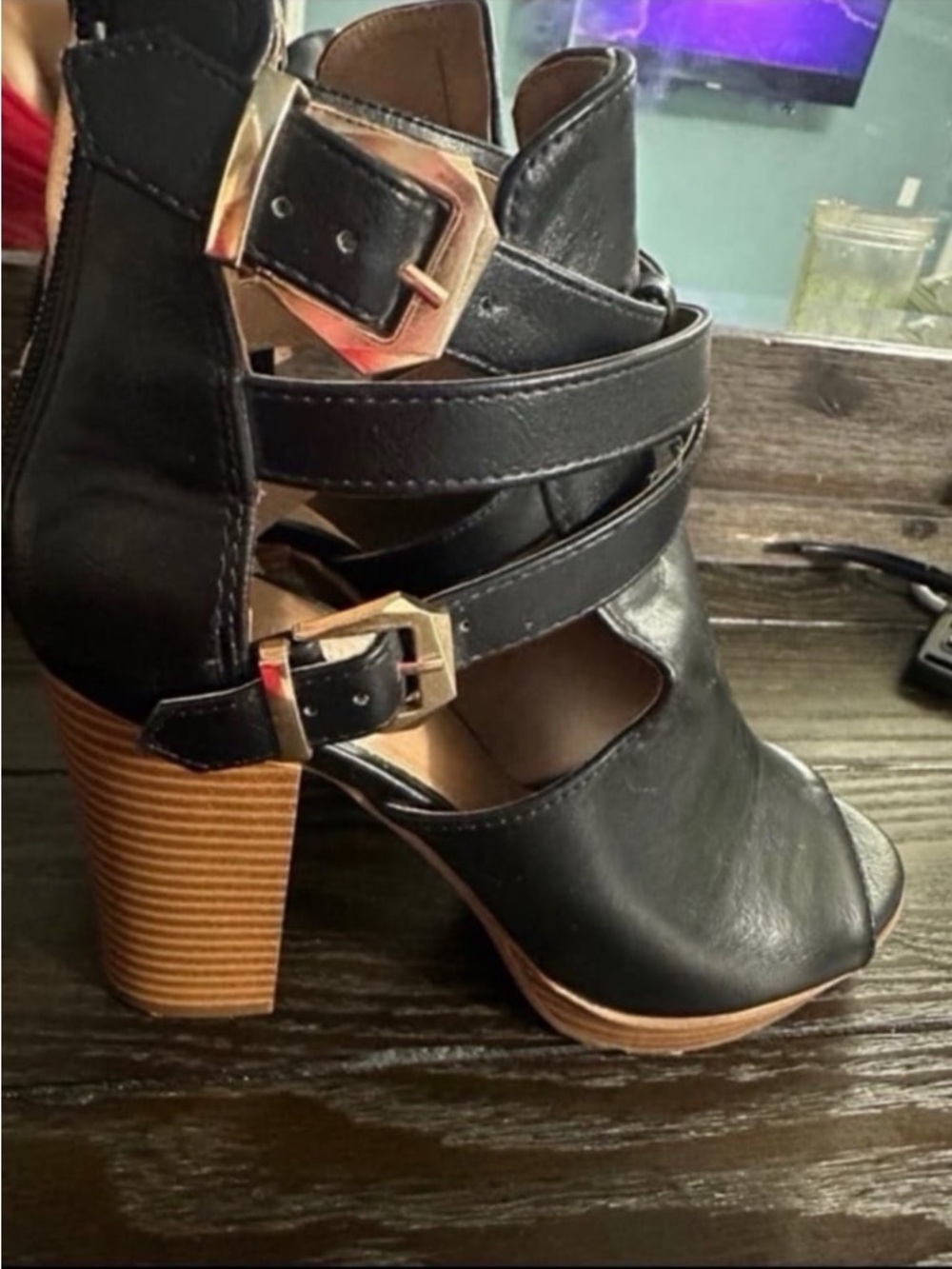 Charlotte Russe Black Peep-Toe Strappy Block Heel Sandals with Gold Buckles